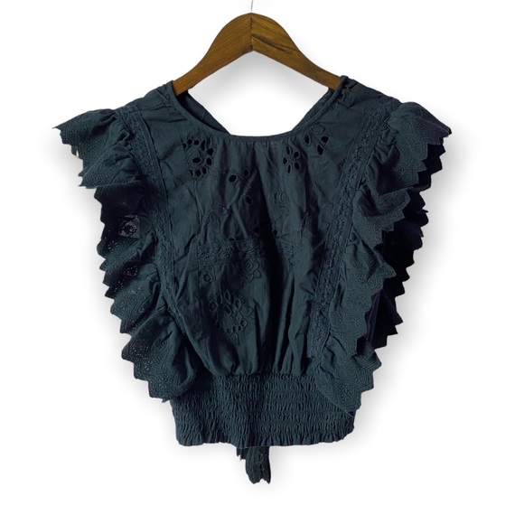 Misa Los Angeles Tops - Misa Los Angeles Size Small Navy Blue Ruffle Eyelet Blouse with Smocked Waist